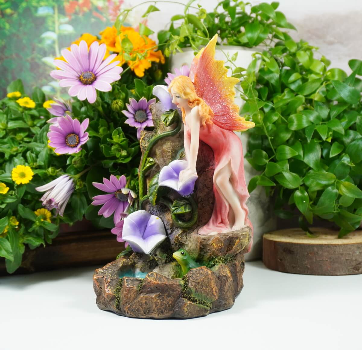 Dekofigur Fee Blumengarten Wasserfall Rückfluss Räuchergefäß