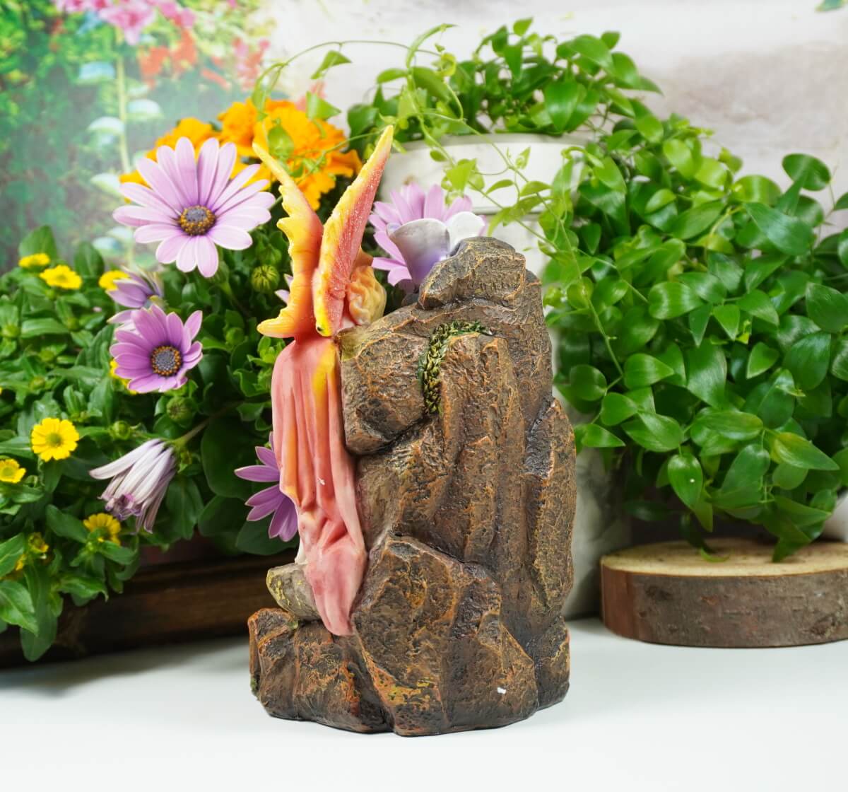 Dekofigur Fee Blumengarten Wasserfall Rückfluss Räuchergefäß