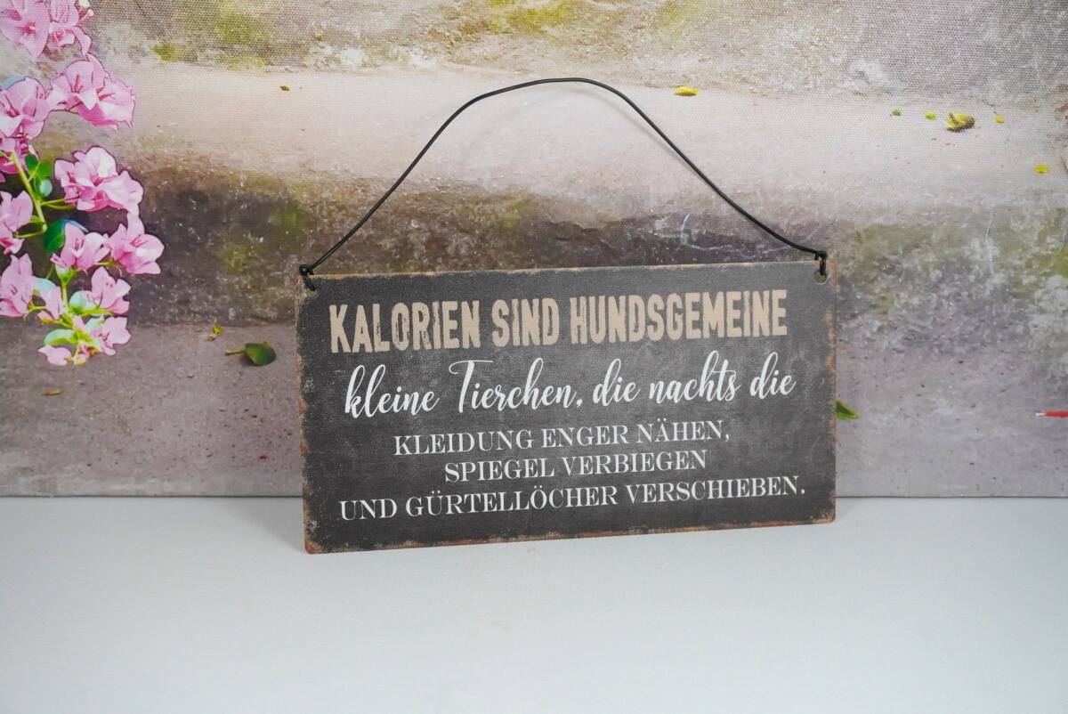 Deko Blechschild Kalorien Sind Hundsgemeine kleine Tierchen, die nachts die Kleidung Enger Nähen, Spiegel Verbiegen und Gürtellöcher Verschieben