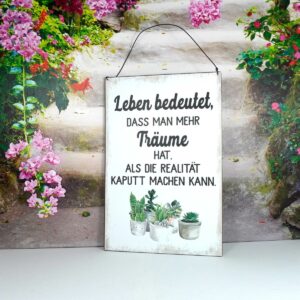Deko Blechschild Leben bedeutet Dass Man Mehr Träume Hat, Als Die Realität Kaputt Machen Kann.