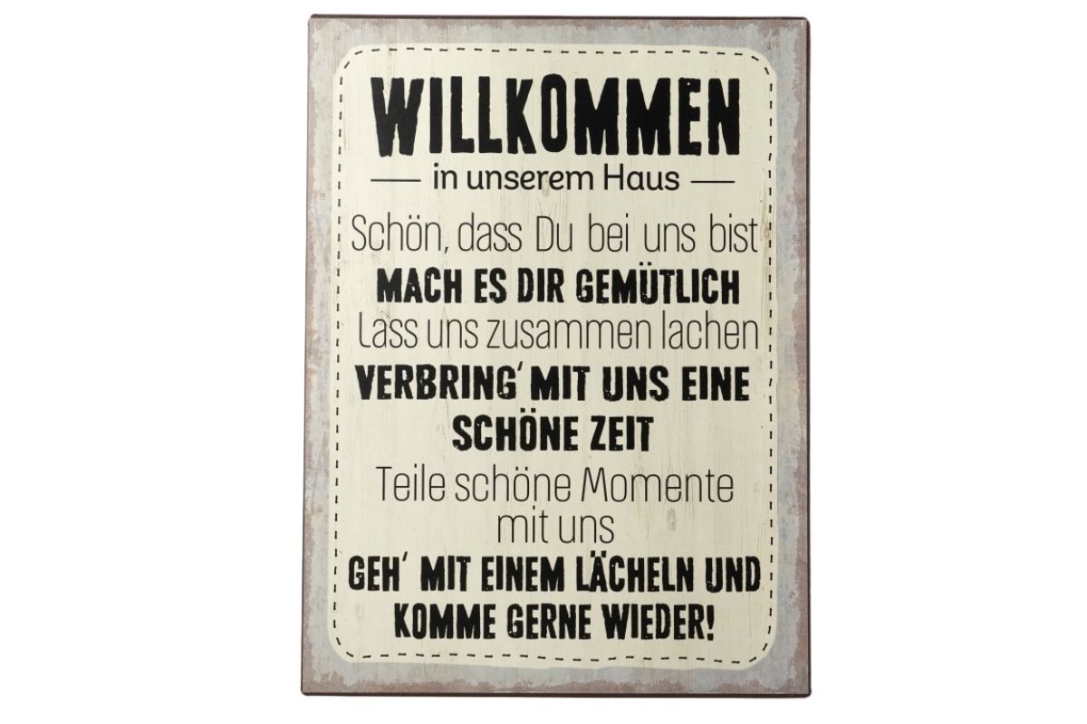 Deko Blechschild Aufhänger Willkommen in unserem Haus. Schön, dass du bei uns bist. Mach es dir gemütlich