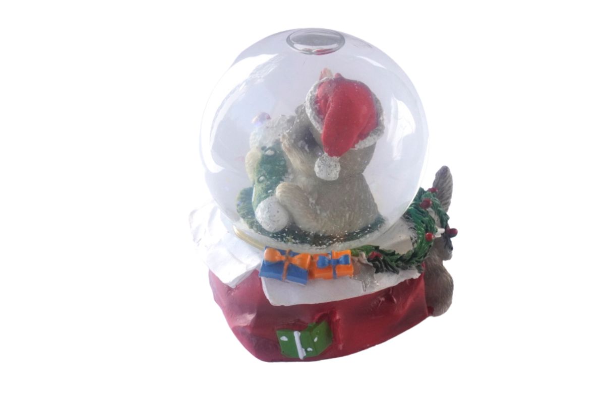 Deko Schneekugel Glimmerkugel Glitzerkugel Katze mit Weihnachtsmütze Beige