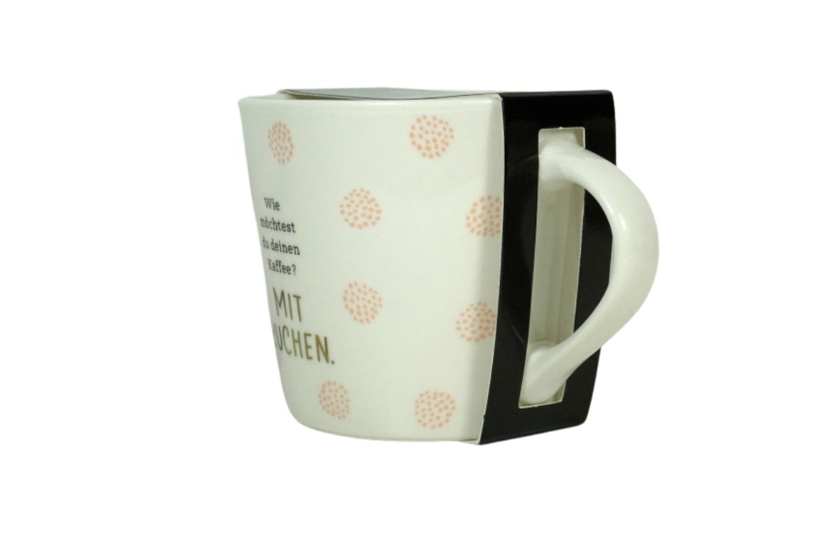Grafik Werkstatt Henkelbecher Kaffeebecher Sprüchetasse Wie möchtest du deinen Kaffee? Mit Kuchen