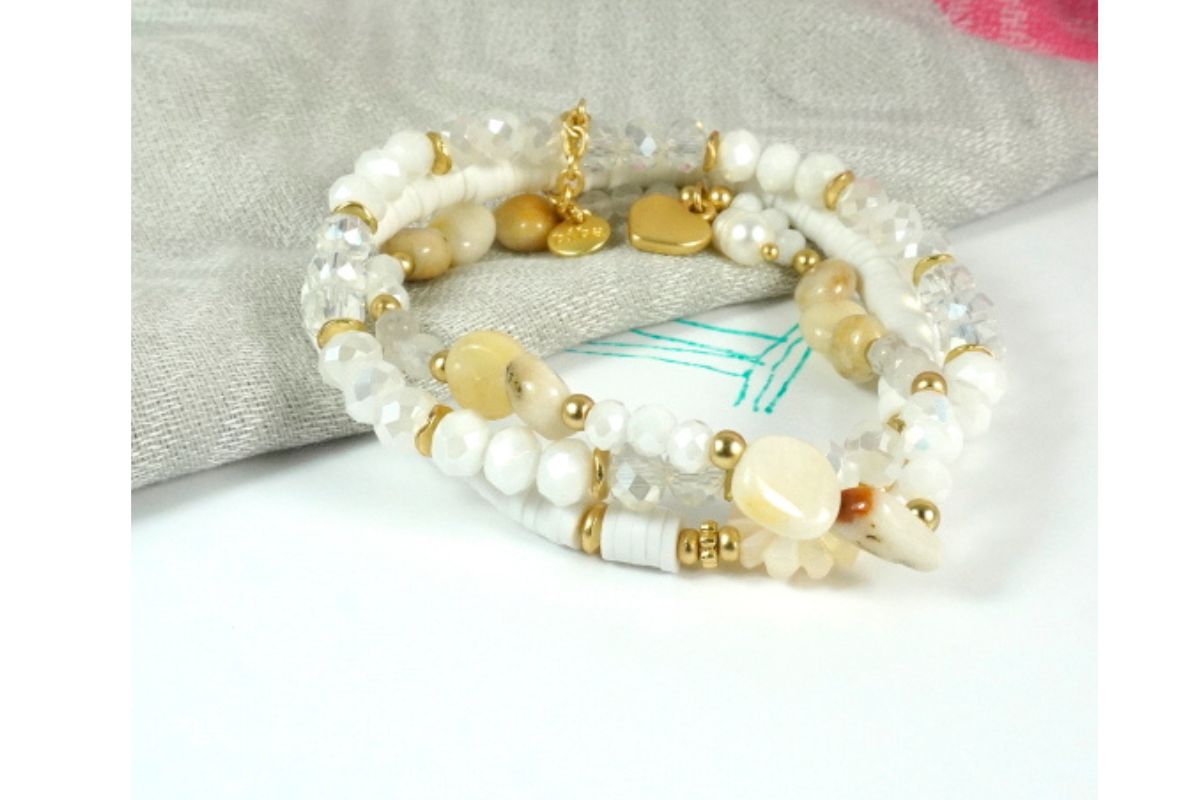 Biba Armband Trio Perlen Mix Damen Armband Weiß Gold Anhänger