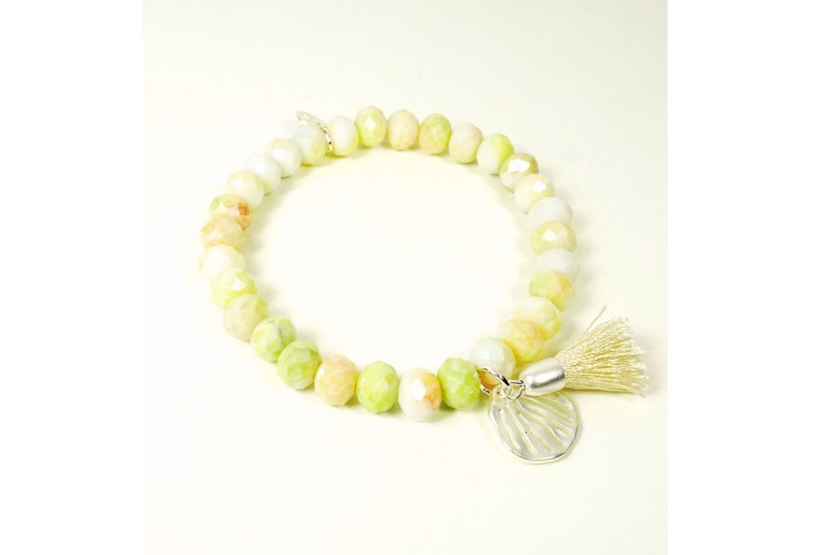 Biba Armband Crystal Pastell Perlen Damen Armband Troddel Beige Blume Anhänger Silber