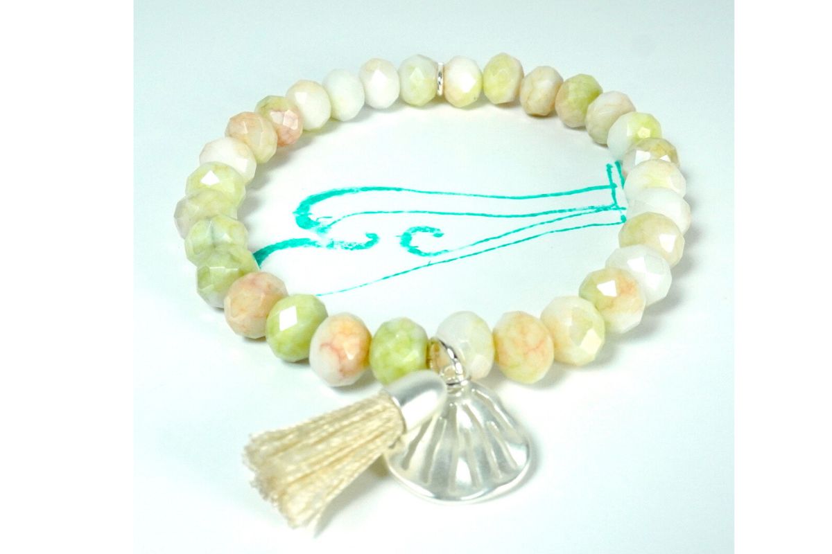 Biba Armband Crystal Pastell Perlen Damen Armband Troddel Beige Blume Anhänger Silber