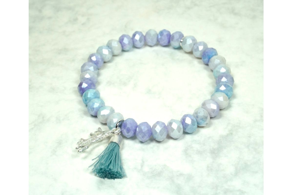 Biba Armband Crystal Perlen 6mm hellblau Damen Armband Troddel Anhänger Silber