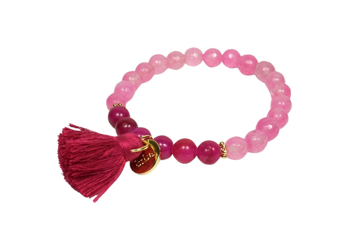 Biba Armband Natur Stein Perlen Rosa Pink Damen Armband Troddel Anhänger Gold