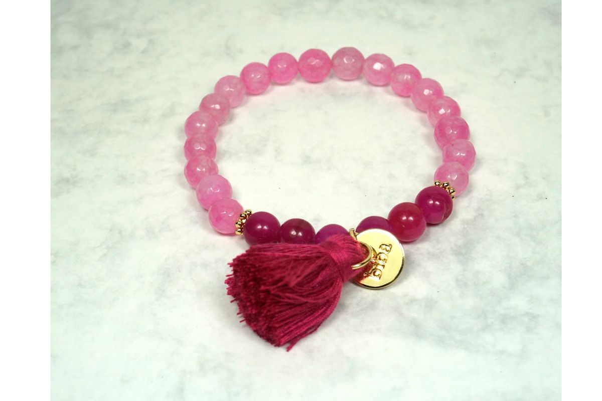 Biba Armband Natur Stein Perlen Rosa Pink Damen Armband Troddel Anhänger Gold