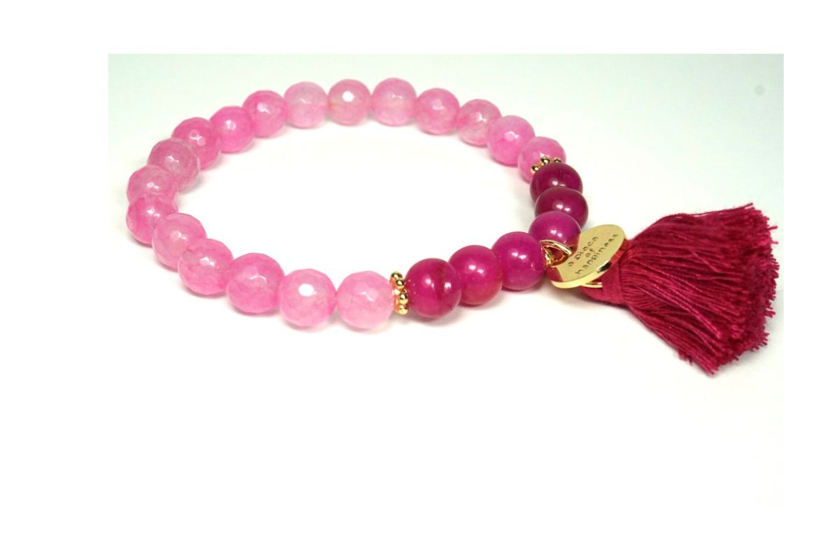 Biba Armband Natur Stein Perlen Rosa Pink Damen Armband Troddel Anhänger Gold