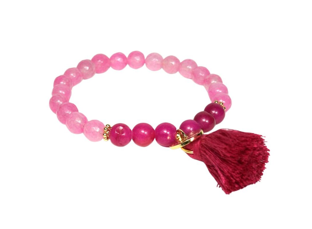 Biba Armband Natur Stein Perlen Rosa Pink Damen Armband Troddel Anhänger Gold