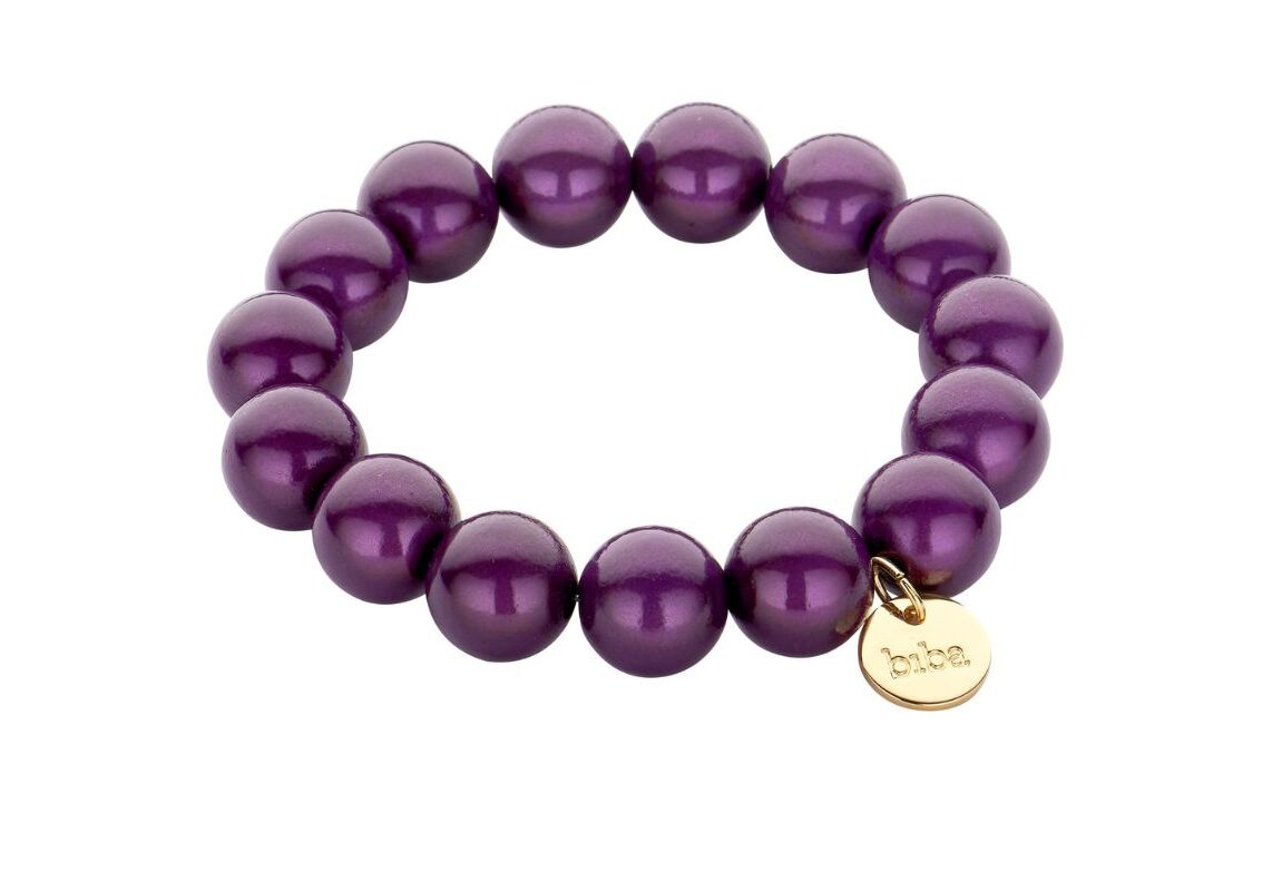 Biba Armband Polymer Perlen Dunkellila 14mm Ø Damen Armband Gold Anhänger