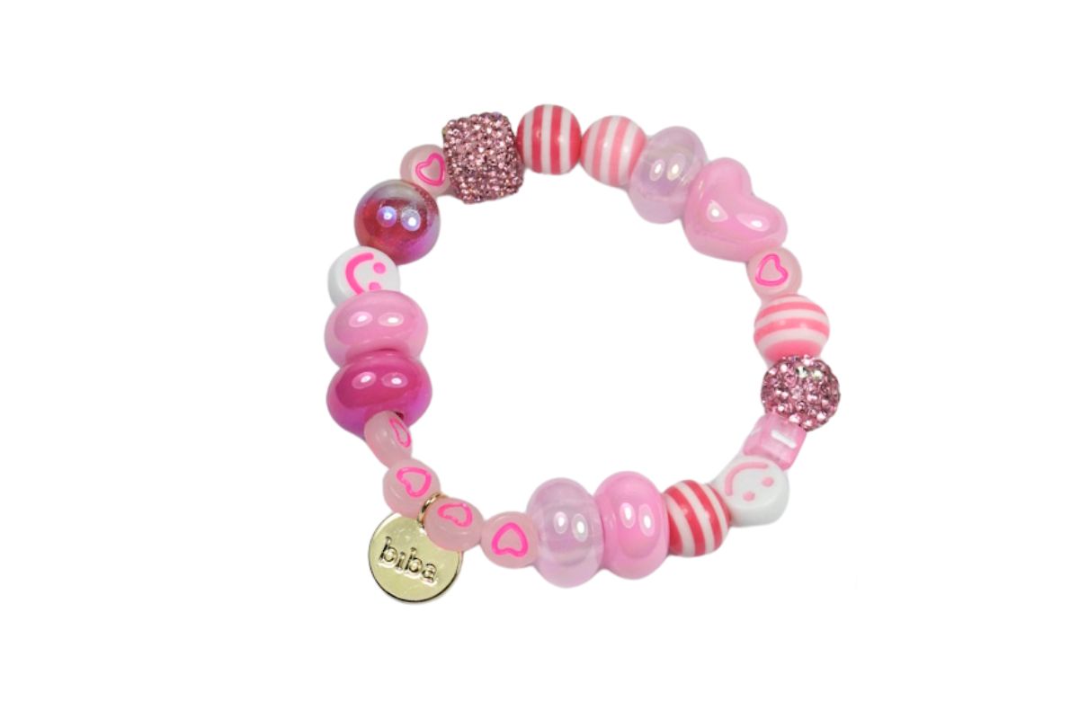 Biba Armband Polymer Perlen Damen Armband Perlenmix Rosa Herz Smile Anhänger Gold