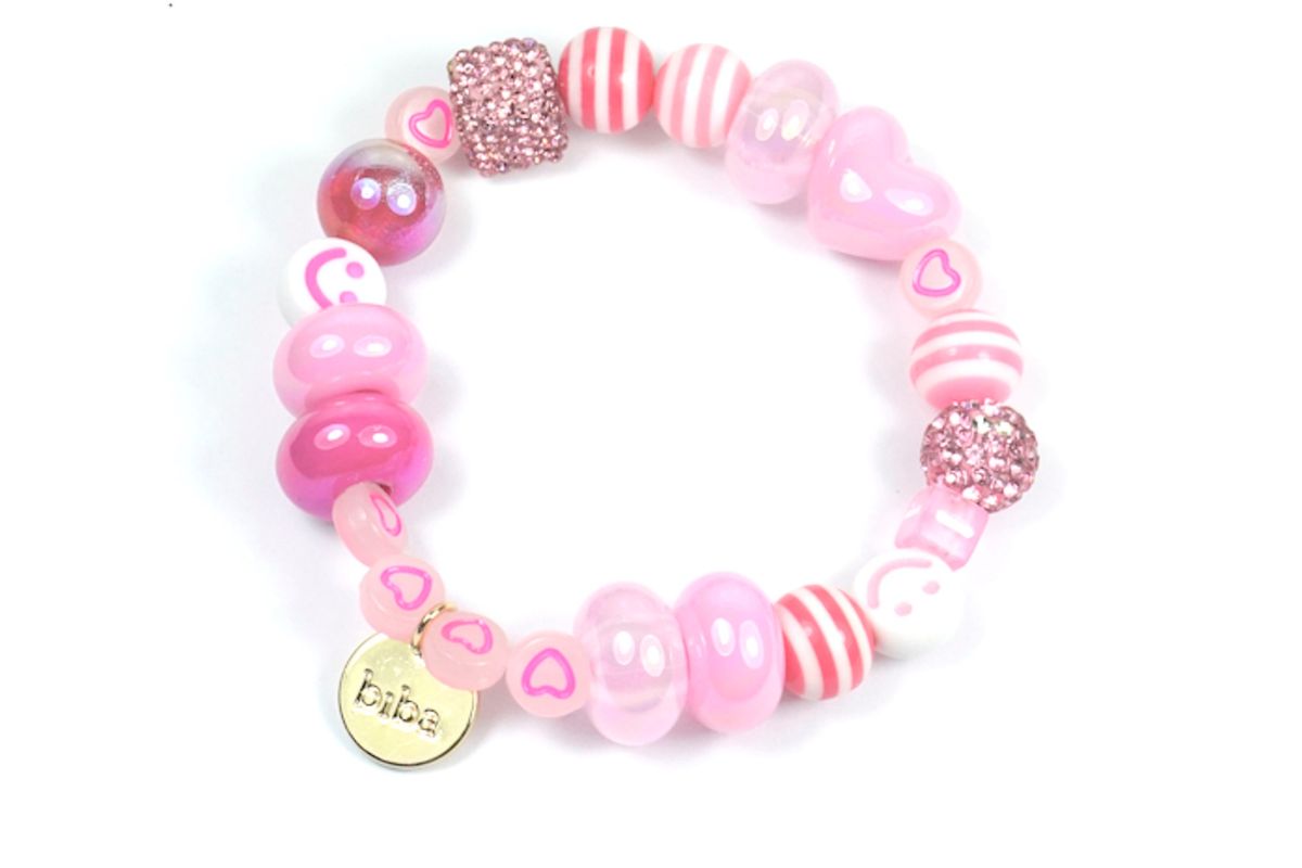 Biba Armband Polymer Perlen Damen Armband Perlenmix Rosa Herz Smile Anhänger Gold