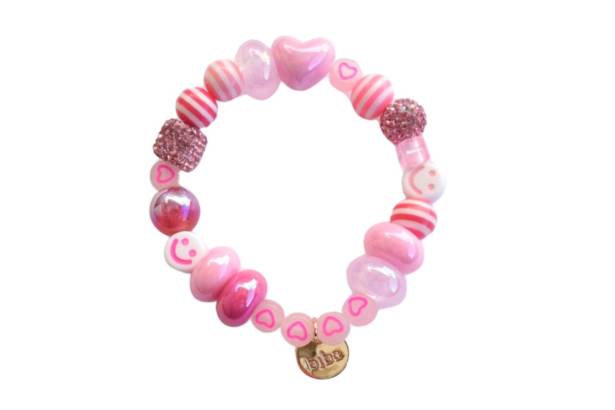Biba Armband Polymer Perlen Damen Armband Perlenmix Rosa Herz Smile Anhänger Gold