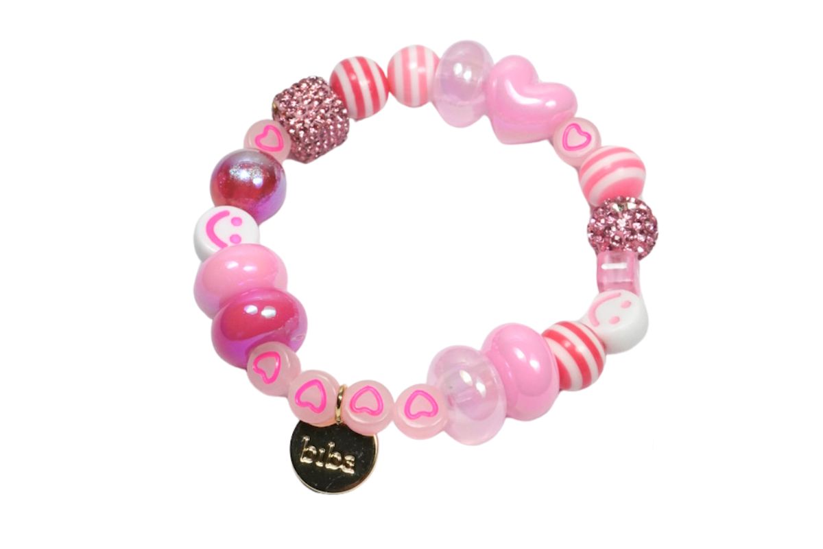 Biba Armband Polymer Perlen Damen Armband Perlenmix Rosa Herz Smile Anhänger Gold