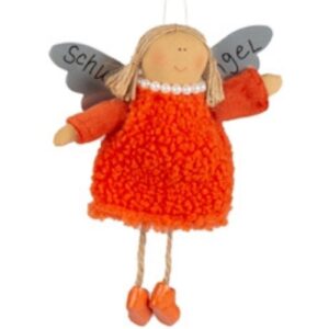 Baden Schutzengel Aufhänger Deko Engel im Fellkleidchen Orange Zöpfe